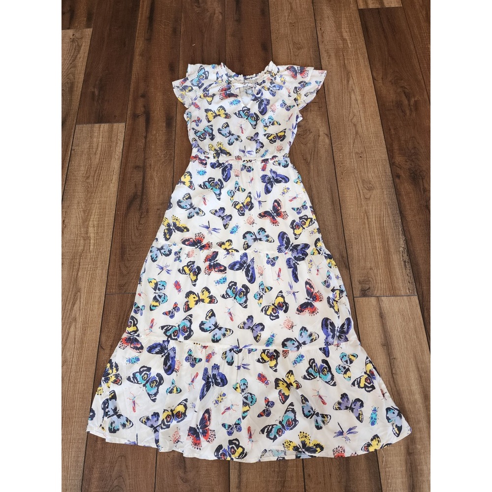 Old Navy Womens Butterfly Bugs Maxi Dress Small Tiered Ruffle Artsy Fit Flare